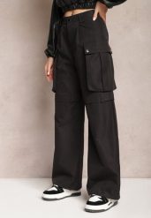 Czarne Szerokie Spodnie High Waist w Stylu Cargo Vomisal. Czarne spodnie materiałowe damskie Renee, bez wzorów, z jeansu, eleganckie, z podwyższonym stanem. Za 109.99 zł.