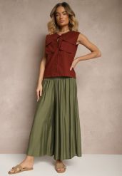 Ciemnozielone Spodnie o Szerokim Kroju Kuloty High Waist o Długości 7/8 Ulanova. Zielone spodnie materiałowe damskie Renee, bez wzorów, z jeansu, eleganckie, z podwyższonym stanem. Za 39.99 zł.