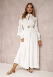 Biała Sukienka z Paskiem Elothoe. Białe sukienki damskie Renee, na randkę, l, bez wzorów, z koronki, vintage, bez kołnierzyka, bez ramiączek, maxi. Za 229.99 zł.