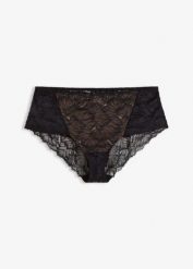 Figi z wysokim stanem z delikatnej koronki. Czarne majtki damskie bonprix, z koronki. Za 39.99 zł.