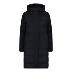 Długa kurtka puchowa z kapturem damska CMP. Czarne kurtki sportowe damskie CMP, bez wzorów, z puchu, bez ramiączek, z kapturem, trekkingowe. Za 674.35 zł.