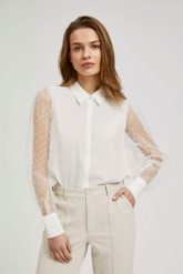 Koszula z ażurowymi rękawami biała. Białe koszule damskie MOODO, m, w ażurowe wzory, bez kołnierzyka, bez ramiączek. W wyprzedaży za 44.99 zł.