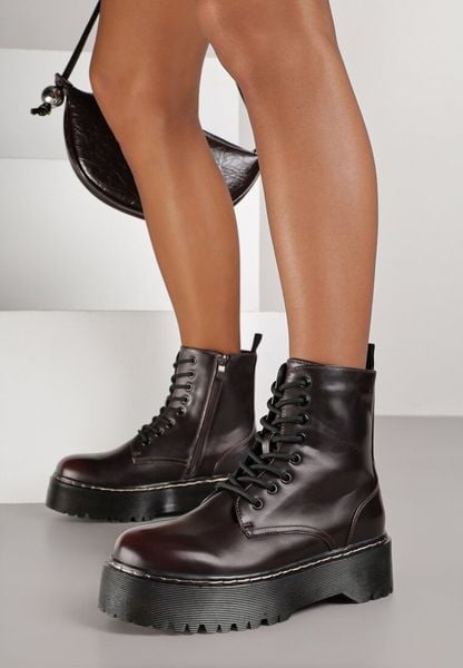 Bordowe Botki Workery na Platformie Xulia. Czerwone botki damskie Born2be, bez wzorów, z jeansu, eleganckie, bez obcasa, na platformie, bez zapięcia. Za 149.99 zł.