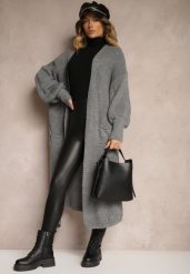 Szary Kardigan Długi z Bufiastym Rękawem Mesho. Szare kardigany damskie Renee, bez wzorów, z jeansu, eleganckie, bez kołnierzyka. Za 109.99 zł.
