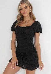 Czarna Ażurowa Sukienka Mini z Kwadratowym Dekoltem i Falbankami z Bawełny Michala. Czarne sukienki damskie Born2be, l, w ażurowe wzory, z bawełny, eleganckie, bez kołnierzyka, bez ramiączek, mini. Za 119.99 zł.