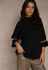 Czarny Sweter Ozdobiony Lamówką na Rękawach Tusenna. Czarne swetry nierozpinane damskie Renee, bez wzorów, z jeansu, casualowe, bez kołnierzyka, bez ramiączek. Za 89.99 zł.