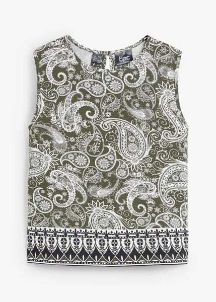 Top w deseń paisley. Zielone topy damskie bonprix, bez wzorów, bez kołnierzyka, bez ramiączek. Za 54.99 zł.
