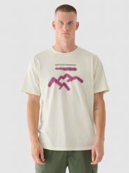 4F T-shirt oversize z nadrukiem męski - beżowy S. Brązowe t-shirty męskie 4F, m, bez wzorów, z bawełny, bez kołnierzyka, bez ramiączek. W wyprzedaży za 29.99 zł.