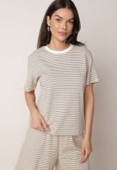 Kremowo-Czarny Klasyczny T-shirt z Bawełny o Prostym Kroju Phemeni. Brązowe t-shirty damskie Born2be, l, bez wzorów, z bawełny, eleganckie, bez kołnierzyka, bez ramiączek. Za 59.99 zł.