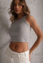 Szary Top na Ramiączkach Basic Prążkowany Zitira. Szare topy damskie Renee, m, bez wzorów, z jeansu, bez kołnierzyka, bez ramiączek. Za 29.99 zł.