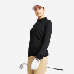 Sweter do golfa damski Inesis MW500. Czarne swetry nierozpinane damskie INESIS, m, bez wzorów, z bawełny, sportowe, bez kołnierzyka, bez ramiączek. W wyprzedaży za 54.99 zł.