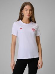 4F Koszulka kibica damska - biała M. Białe bluzki damskie 4F, m, bez wzorów, z bawełny, klasyczne, bez kołnierzyka, bez ramiączek. Za 49.99 zł.