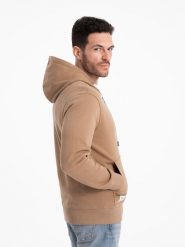 Bluza męska dresowa BASIC rozpinana z kapturem - brązowa V2. Brązowe bluzy męskie Ombre Clothing, m, z aplikacjami, z bawełny, klasyczne, bez ramiączek, z kapturem. W wyprzedaży za 157.49 zł.