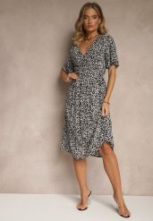 Czarna Rozkloszowana Sukienka z Bawełny Zdobiona Kwiatowym Printem Arirelle. Czarne sukienki damskie Renee, na imprezę, na lato, l, z aplikacjami, z bawełny, eleganckie, bez kołnierzyka, bez ramiączek, midi, rozkloszowane. Za 49.99 zł.