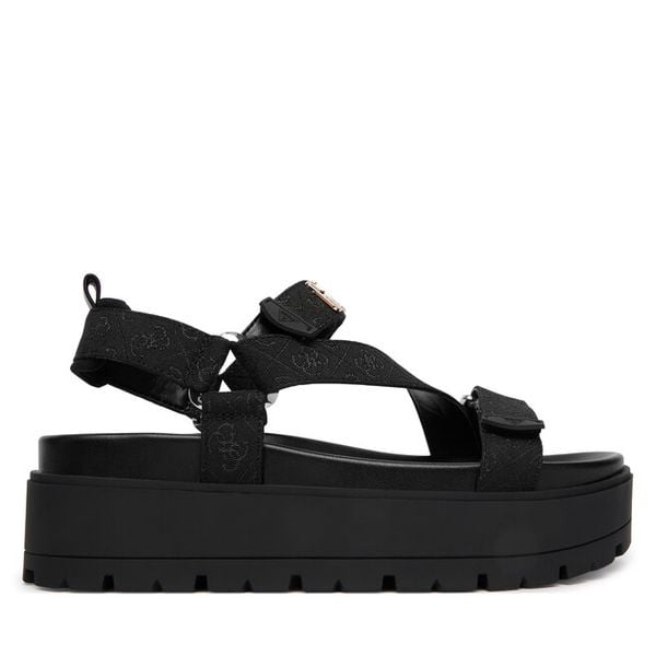 Sandały Guess. Czarne sandały damskie Guess, z aplikacjami, bez obcasa, na płaskiej podeszwie, bez zapięcia. Za 396.99 zł.