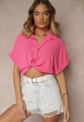 Fuksjowa Koszula o Kroju Oversize Natressa. Czerwone koszule damskie Renee, z aplikacjami, z jeansu, biznesowe, bez kołnierzyka, bez ramiączek. Za 49.99 zł.