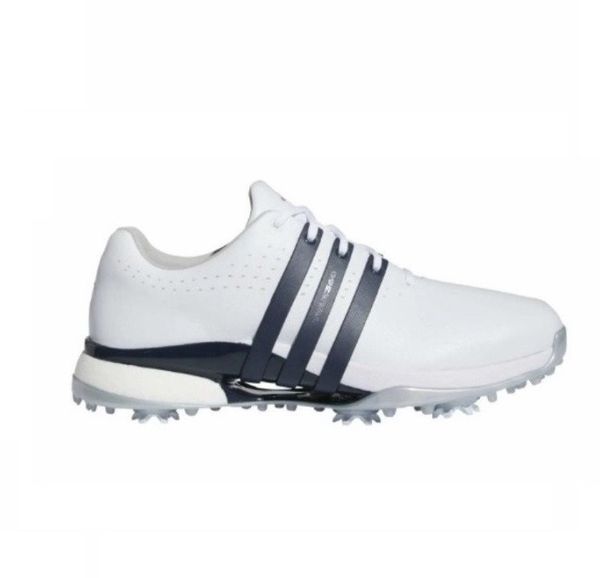 Buty do gry w golfa Adidas Tour360 24 Boost (męskie, roz. EU44, biało-granatowe). Białe buty sportowe męskie Adidas, bez wzorów, bez zapięcia, na golfa. Za 777.00 zł.