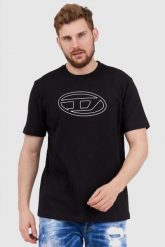 DIESEL Czarny t-shirt męski z wytłaczanym logo. Czarne t-shirty męskie Diesel, l, bez wzorów, prążkowane, bez kołnierzyka, bez ramiączek. W wyprzedaży za 259.99 zł.