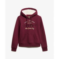 Damska bluza z kapturem z metalicznym logo Superdry Luxe. Czerwone bluzy damskie Superdry, xs, bez wzorów, z bawełny, klasyczne, bez ramiączek, z kapturem. Za 381.15 zł.