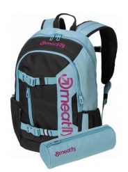 Plecak z mocowaniem na deskorolkę Basejumper – aqua/pink Meatfly + piórnik. Czerwone plecaki męskie Meatfly, bez wzorów, z materiału. Za 254.99 zł.