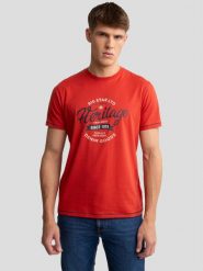 Koszulka męska z nadrukiem czerwona Jaman 704. Czerwone t-shirty męskie BIG STAR, l, bez wzorów, z bawełny, bez kołnierzyka, bez ramiączek. W wyprzedaży za 39.99 zł.