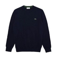 Klasyczny sweter Lacoste granatowy z okrągłym dekoltem. Niebieskie swetry męskie Lacoste, l, bez wzorów, z bawełny, klasyczne, bez kołnierzyka, bez ramiączek. Za 633.30 zł.