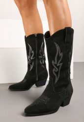 Czarne Botki na Stożku w Stylu Kowbojek Retalia. Czarne botki damskie Renee, na jesień, bez wzorów, z jeansu, eleganckie, bez obcasa, na obcasie, bez zapięcia. Za 159.99 zł.