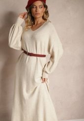Jasnobeżowa Pudełkowa Sukienka Sweterkowa z Wiskozą ze Ściągaczami Besizia. Brązowe sukienki damskie Renee, na co dzień, s, bez wzorów, z wiskozy, eleganckie, bez kołnierzyka, bez ramiączek, maxi, proste. Za 119.99 zł.