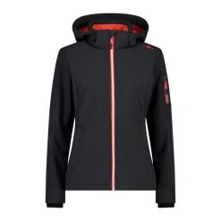 Damska kurtka turystyczna z kapturem CMP. Czarne kurtki sportowe damskie CMP, s, bez wzorów, z softshellu, bez ramiączek, z kapturem, trekkingowe. W wyprzedaży za 224.99 zł.