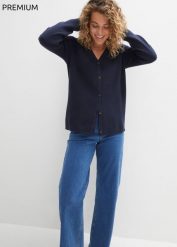 Sweter rozpinany z dzianiny Milano w prążek. Niebieskie kardigany damskie bonprix, bez wzorów, z dzianiny, bez kołnierzyka. Za 119.99 zł.