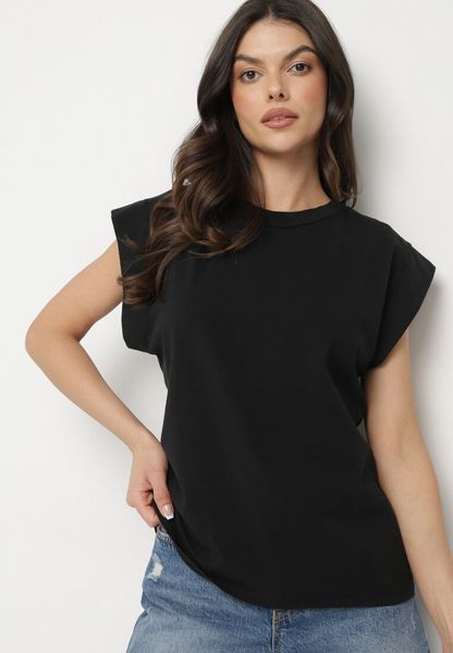 Czarny Bawełniany Top z Falbanką przy Ramionach Galantia. Czarne topy damskie Born2be, s, bez wzorów, z bawełny, eleganckie, bez kołnierzyka, bez ramiączek. Za 69.99 zł.