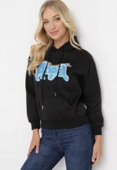 Czarna Bluza Ocieplona z Kapturem i Nadrukiem Wesa. Czarne bluzy damskie Born2be, l, bez wzorów, z jeansu, casualowe, bez ramiączek, z kapturem. Za 44.99 zł.