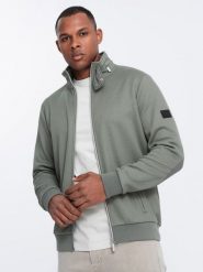 Męska kurtka z wysokim kołnierzem i polarowym wnętrzem – khaki V3 - Rozmiar: XL. Brązowe kurtki męskie Ombre Clothing, na lato, l, z aplikacjami, z polaru, eleganckie, bez kaptura. W wyprzedaży za 99.99 zł.