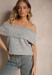 Jasnoszary Sweter Top z Hiszpańskim Wywijanym Dekoltem z Wełną Inarose. Szare swetry nierozpinane damskie Renee, m, bez wzorów, z wełny, casualowe, bez kołnierzyka, bez ramiączek. Za 89.99 zł.