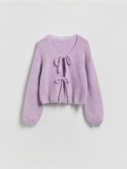 Kardigan z wełną alpaki - lawendowy. Fioletowe kardigany damskie Reserved, l, bez wzorów, z dzianiny, bez kołnierzyka. Za 259.99 zł.