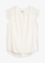 Bluzka z wiskozy. Białe bluzki damskie bonprix, bez wzorów, z wiskozy, eleganckie, bez kołnierzyka, bez ramiączek. Za 94.99 zł.