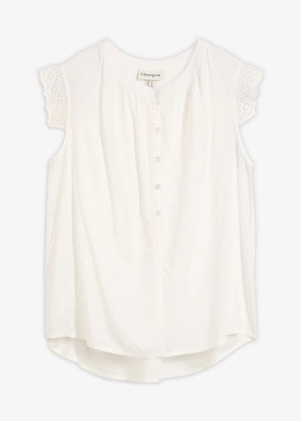 Bluzka z wiskozy. Białe bluzki damskie bonprix, bez wzorów, z wiskozy, eleganckie, bez kołnierzyka, bez ramiączek. Za 94.99 zł.