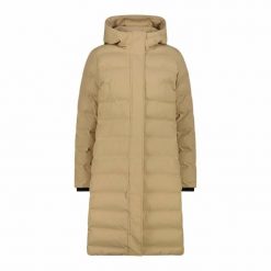 Kurtka puchowa damska z kapturem i zamkiem CMP. Brązowe kurtki sportowe damskie CMP, bez wzorów, z puchu, bez ramiączek, z kapturem, trekkingowe. Za 549.99 zł.