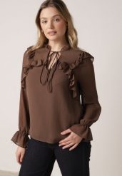 Brązowa Romantyczna Bluzka z Falbankami i Wiązaniem przy Dekolcie Zeaniyana. Brązowe bluzki damskie Born2be, l, bez wzorów, z jeansu, bez kołnierzyka, bez ramiączek. Za 109.99 zł.