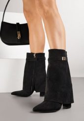 Czarne Botki z Ekozamszu na Słupkowym Obcasie z Cholewką Imitującą Nogawkę Emmidre. Czarne botki damskie Renee, bez wzorów, z jeansu, bez obcasa, na obcasie, bez zapięcia. Za 159.99 zł.