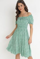 Zielona Bawełniana Sukienka Hiszpanka w Kwiatki Rutani. Zielone sukienki damskie Born2be, na imprezę, na lato, m, bez wzorów, z bawełny, eleganckie, bez kołnierzyka, bez ramiączek, mini. Za 39.99 zł.