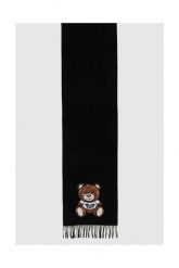 MOSCHINO Czarny szalik damski z misiem z cekinów. Czarne szaliki damskie MOSCHINO, z aplikacjami, z wełny. W wyprzedaży za 499.99 zł.