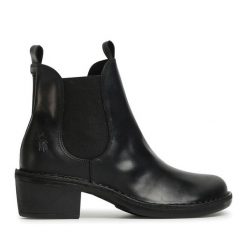 Botki Fly London. Czarne botki damskie Fly London, bez wzorów, bez obcasa, na słupku, bez zapięcia. Za 709.99 zł.