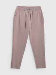 4F Spodnie dresowe damskie - beżowe L. Brązowe spodnie dresowe damskie 4F, bez wzorów, z bawełny, sportowe, z podwyższonym stanem, na fitness i siłownię. Za 129.99 zł.