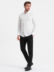 Męska koszula bawełniana we wzory SLIM FIT - biała V2 OM-SHCS-0151 - L. Białe koszule męskie Ombre Clothing, l, bez wzorów, z bawełny, klasyczne, bez kołnierzyka, bez ramiączek. W wyprzedaży za 79.99 zł.