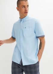 Koszula oksfordzka z krótkim rękawem. Niebieskie koszule męskie bonprix, l, bez wzorów, eleganckie, bez kołnierzyka, bez ramiączek. Za 124.99 zł.