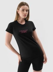4F T-shirt slim z nadrukiem damski - czarny M. Czarne t-shirty damskie 4F, m, bez wzorów, z dzianiny, klasyczne, bez kołnierzyka, bez ramiączek. W wyprzedaży za 29.99 zł.