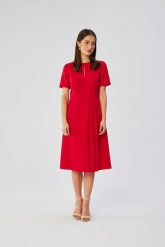 Czerwona Midi Sukienka z Ozdobnymi Zakładkami. Czerwone sukienki damskie MOE, l, bez wzorów, z elastanu, bez kołnierzyka, bez ramiączek, midi, rozkloszowane. Za 326.90 zł.