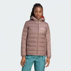 Kurtka z kapturem Terrex Multi Light Down CLIMAWARM. Brązowe kurtki sportowe damskie Adidas, xs, bez wzorów, z puchu, bez ramiączek, z kapturem, trekkingowe, ClimaWarm (Adidas). Za 649.00 zł.