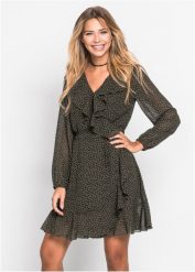 Sukienka kopertowa z falbanami. Zielone sukienki damskie bonprix, bez wzorów, bez kołnierzyka, bez ramiączek, kopertowe. Za 169.99 zł.
